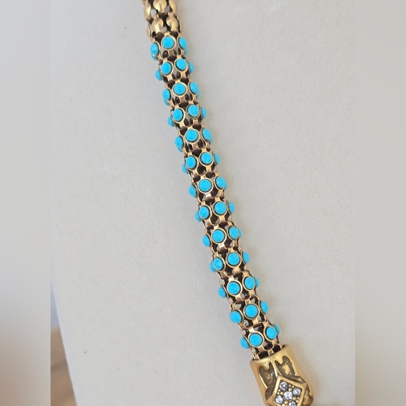 Vintage Gold & Turquoise Enamel Heart Pendant Necklace | Crystal Cross Medallion - Picture 3 of 9